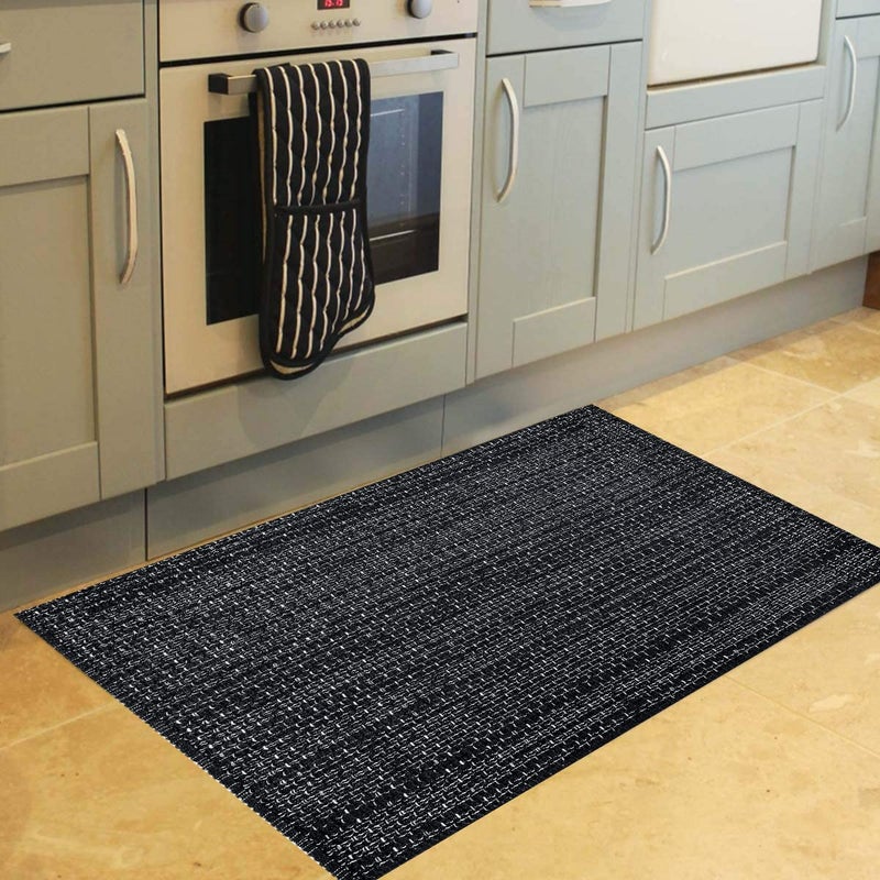Seavish Black Kitchen Rug, Small Bathroom Rugs, 2'x3' Black and White Striped Rug Throw Rugs Washable Boho Porch Decor Indoor Outdoor Welcome Door Mat for Entryway Front Porch - Image 1